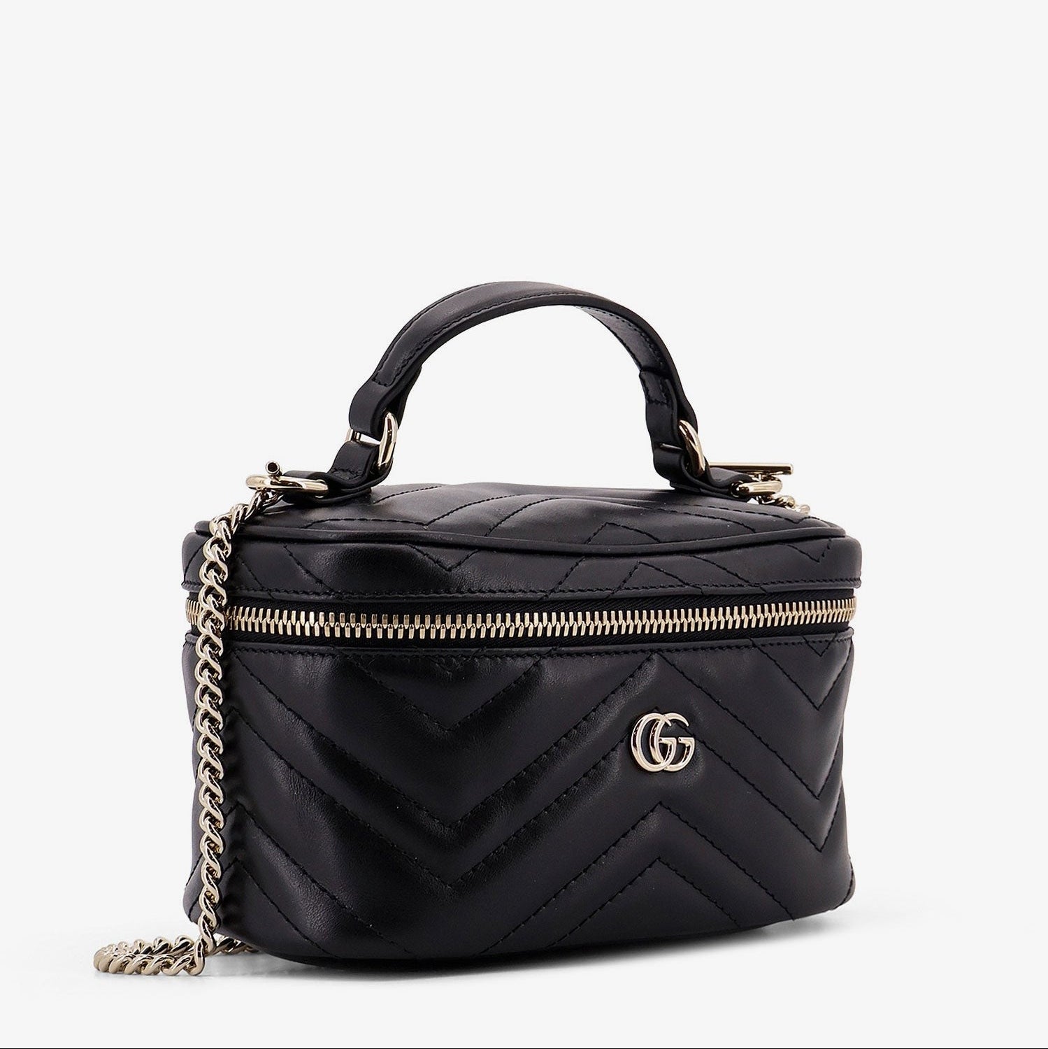 Black quilted handbag with a chain detail on a white background