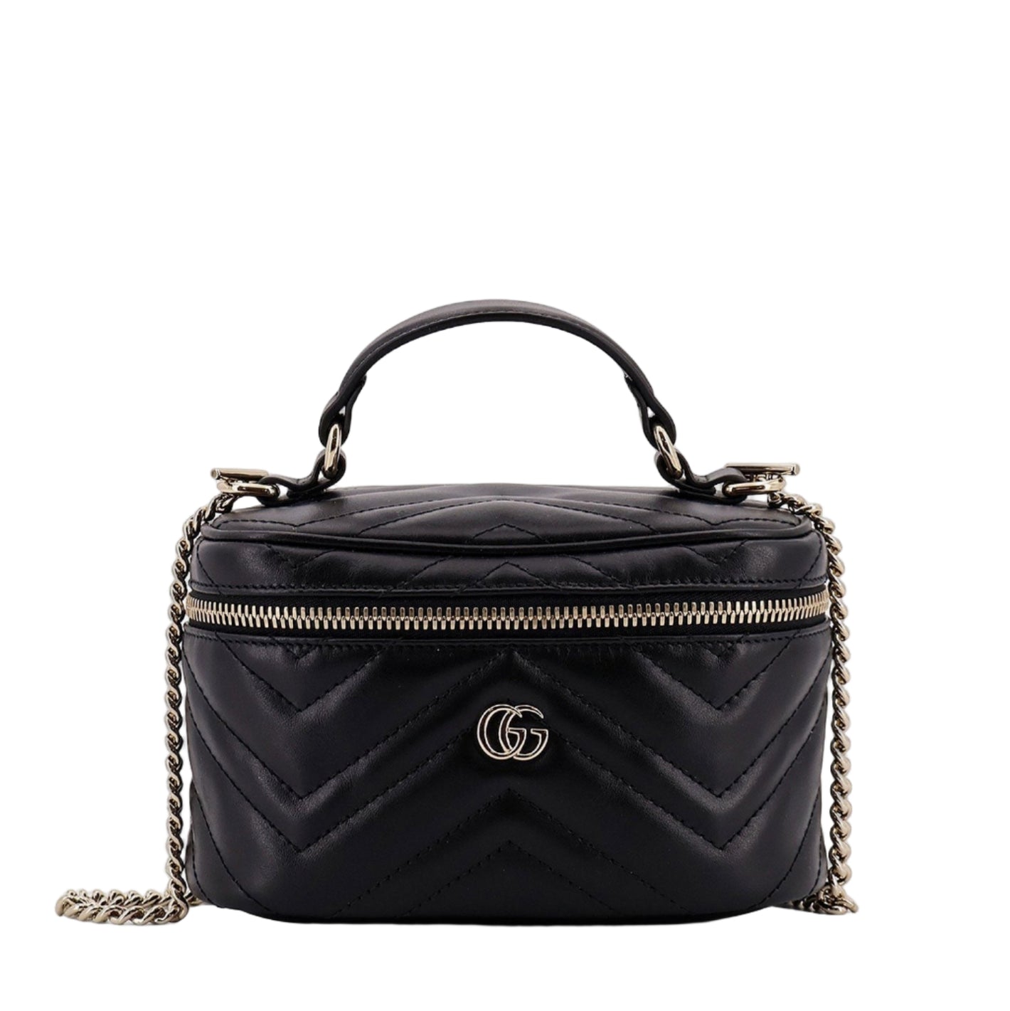Black quilted handbag with gold chain and logo on a white background