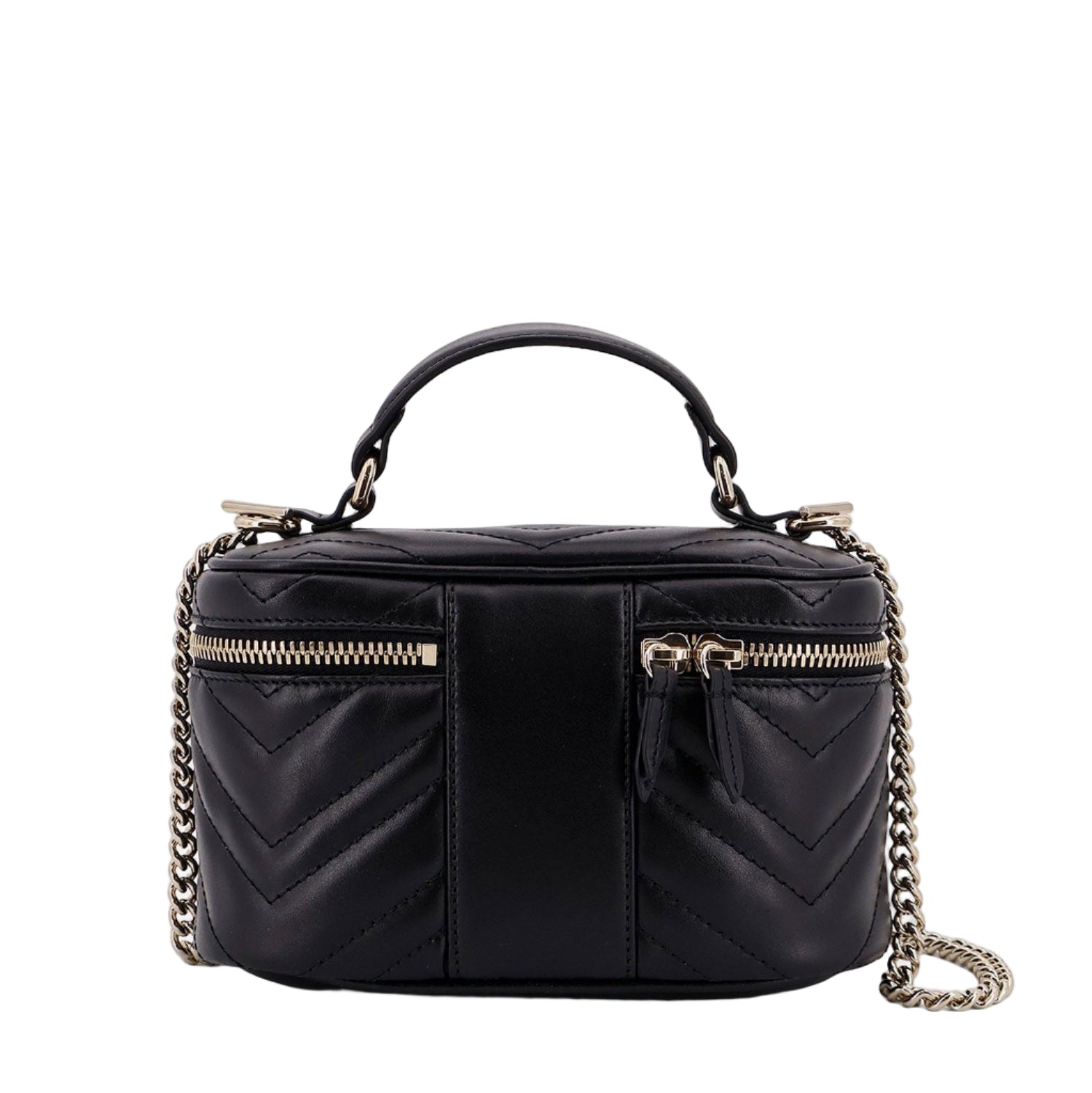 Black quilted handbag with chain detail on a white background