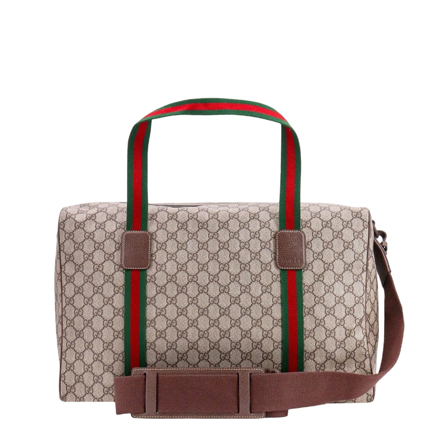 Designer handbag with distinctive red and green stripes on a white background