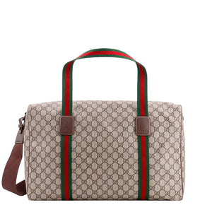 Designer bag with distinctive red and green stripes on a white background