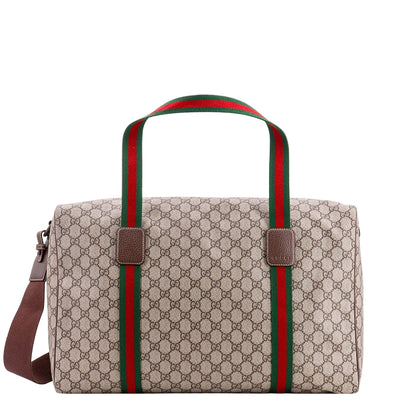 Designer bag with distinctive red and green stripes on a white background