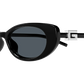 Black sunglasses with a decorative metal detail on a white background