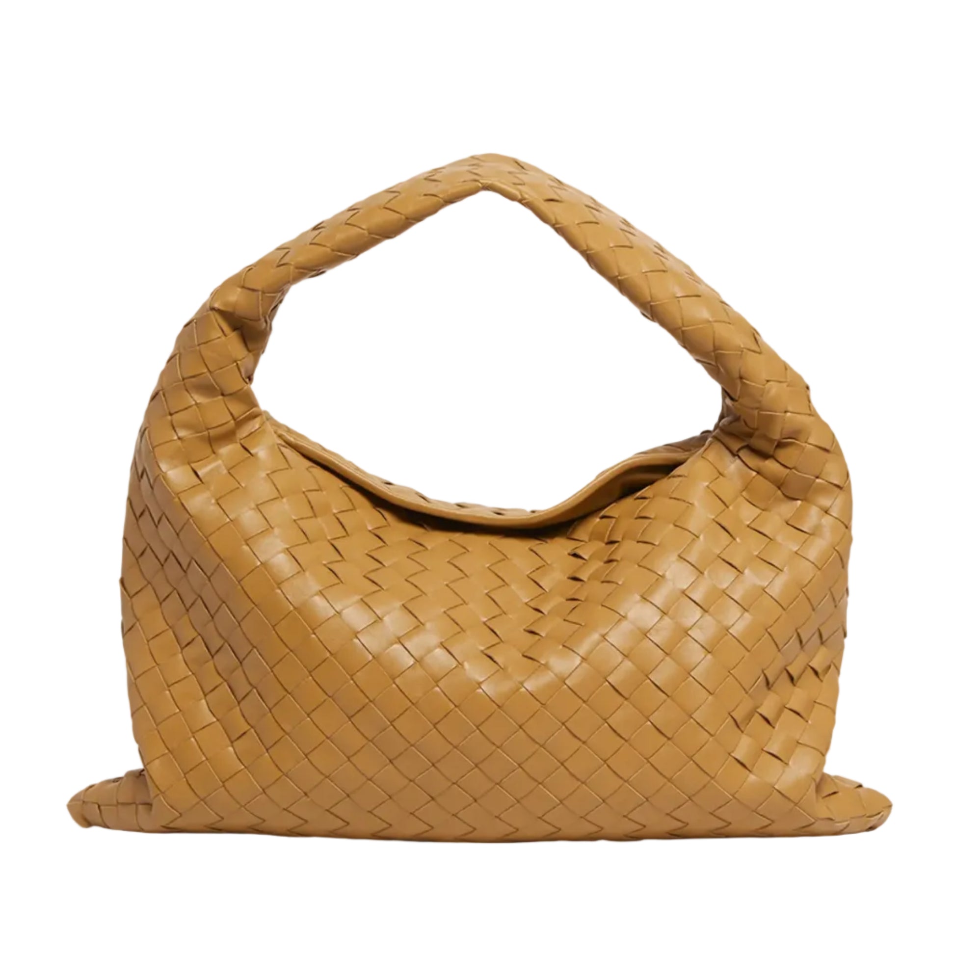 Woven beige handbag on a light gray background