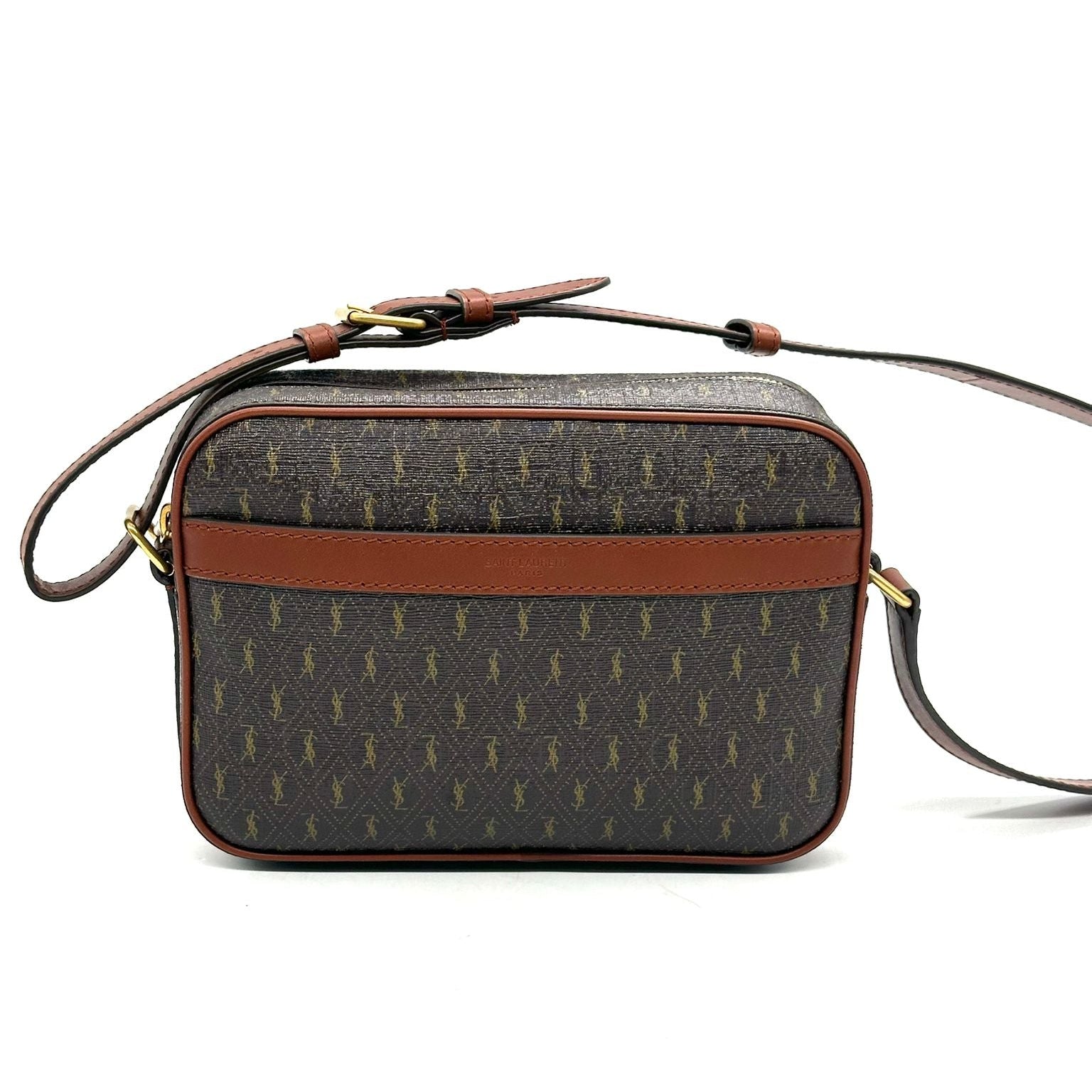 Small crossbody bag with brown accents on a white background