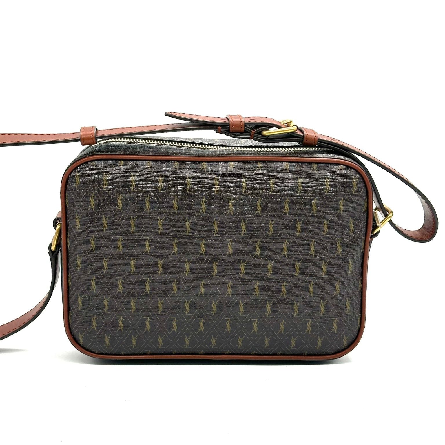 Gray patterned handbag with brown accents on a white background