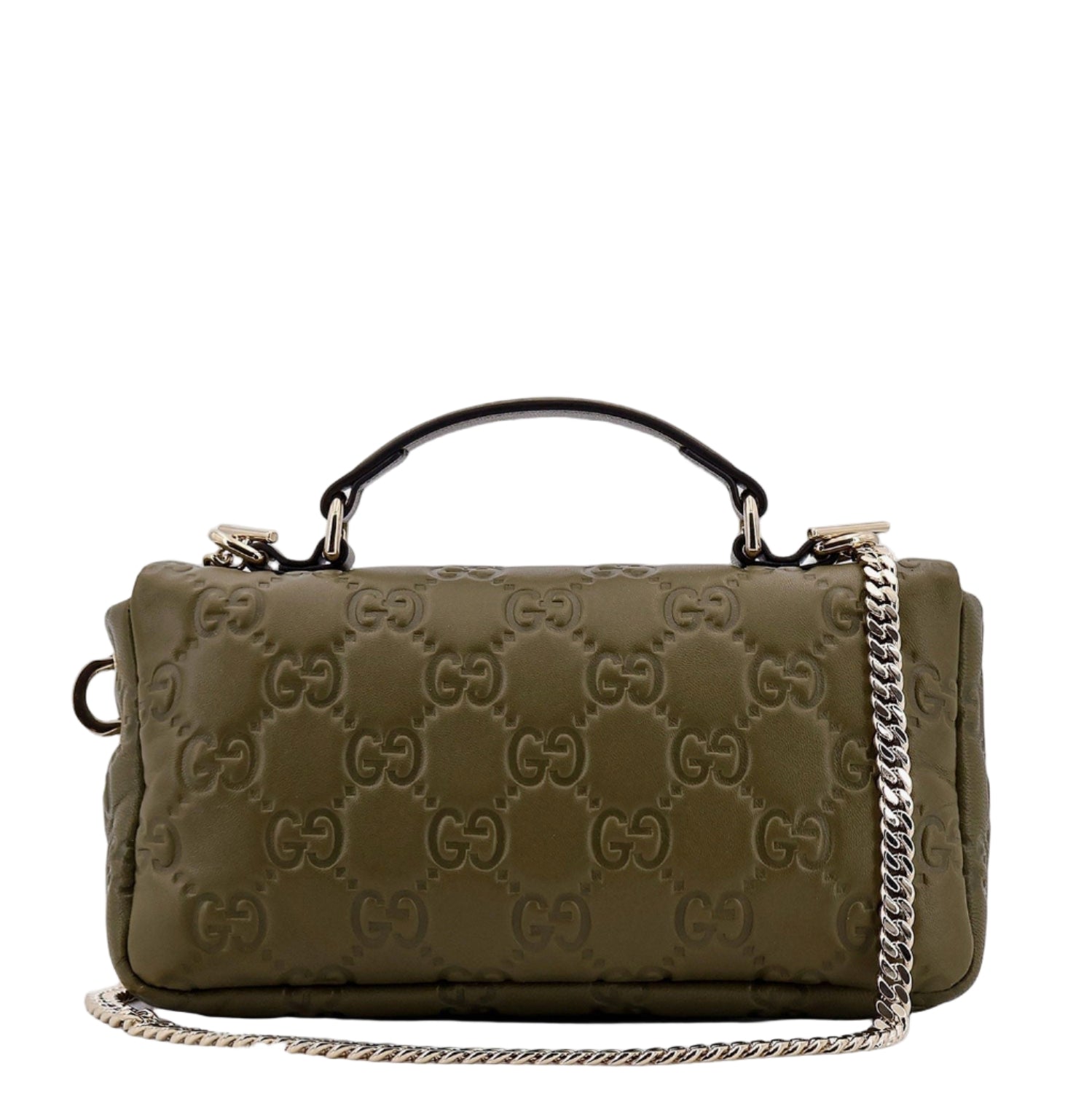 Green handbag with a chain detail on a white background