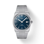 Silver Tissot watch with blue dial on a white background