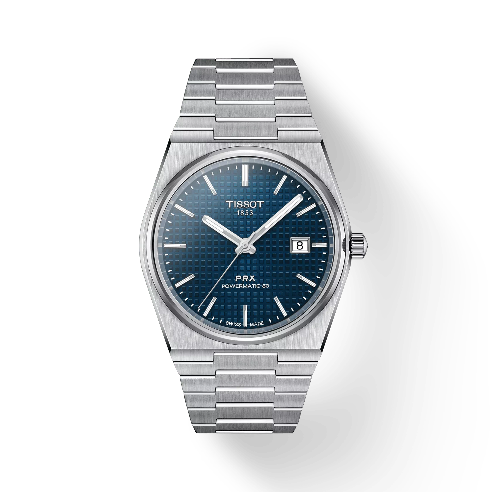 Silver Tissot watch with blue dial on a white background